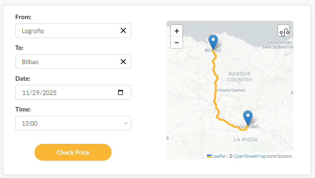 Taxibookingsysteem interface met route selectieformulier en interactieve kaart met boekingsfunctionaliteit